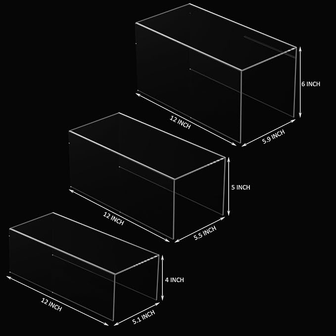 Sezanrpt Clear Display Risers Shelf 3pcs, Countertop Rectangular Acrylic Display Storage Organizer, Acrylic Stands for Funko Pop Figure, Cosmetics, Bags, Shoes, Toys, Collectibles - 12- 4'', 5'', 6''