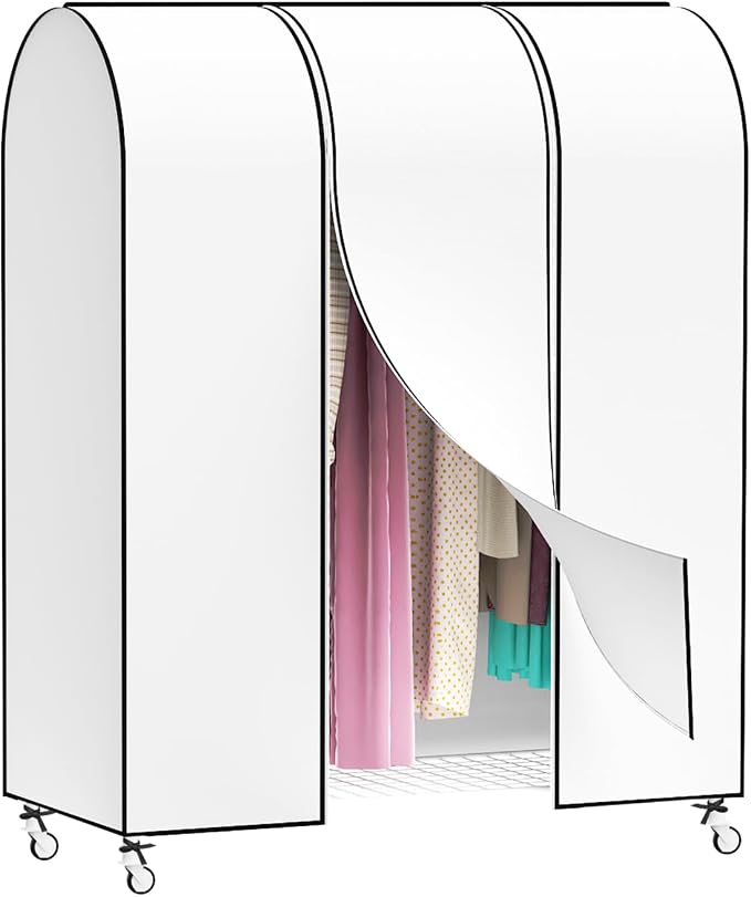 Zilink Garment Rack Cover Clothes Rack Cover Wardrobe Cover 50 in, White | Dustproof, Breathable, 2 Durable Zippers, Garment Bags Protector for Garment Rack (Rack Not Included)