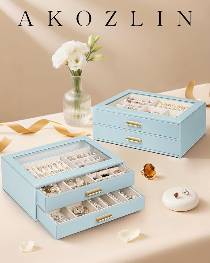 AKOZLIN Jewelry Box with Clear Lid Functional Leather Jewelry Storage Organizer Case 2 Drawers for Women Girls Necklace Ring Bracelet Earring
