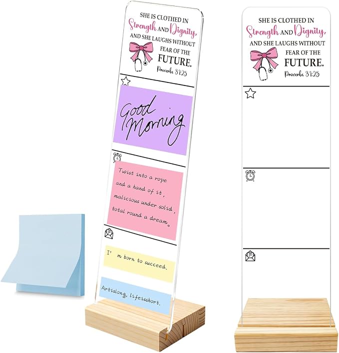 Monitor Memo Board Christian Nurse“She is Clothed in Strength and Dignity” | Sticky Note Holder, Acrylic Post It Note Holder With Wooden Base, Includes 100 Notes, Religious Nurse Desk Organizer