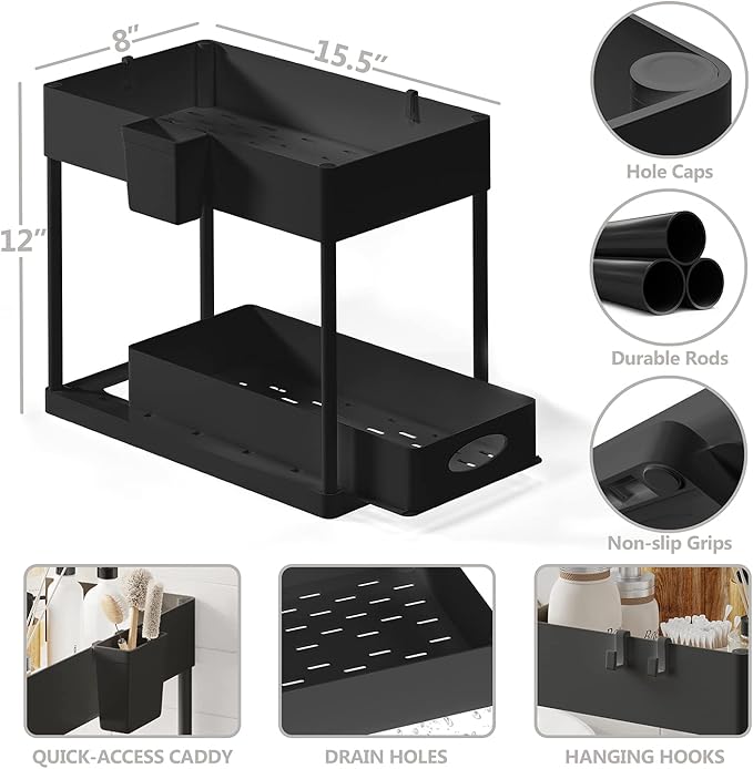 Under Sink Organizers and Storage, Bathroom Cabinet Organizer, Sink Shelf with Utility Hooks and Side Caddy for Under Cabinet Storage | Under Kitchen Sink Organizer with Sliding Drawer, Black (1-Pack)
