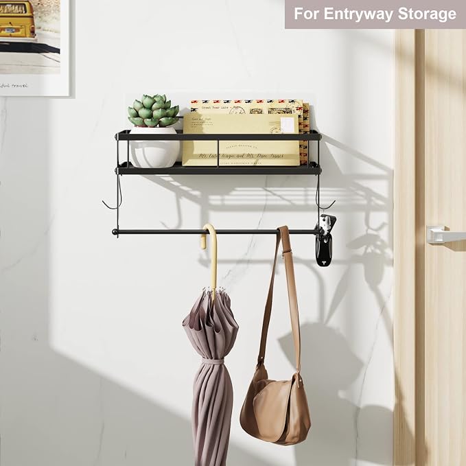 ESOW Paper Towel Holder Wall Mount with Shelf, Adhesive, Matte Black Metal | Stainless steel 2in1 holder shelf fits large rolls Strong adhesive holds 11 lbs For kitchen bathroom RV camper small spaces