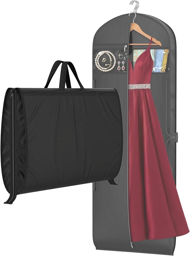 MISSLO 65" Garment Bags for Travel for Women with Loackabe-Self Zipper Waterproof Dress Bags for Gowns Long with Accessories Pockets Wedding Dress Bag Garment Covers for Hanging Clothes, Black