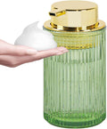 Foaming Soap Dispenser, Bathroom Green Glass Foam Soap Dispenser, Refillable 12 Oz Foam Pump Bottle Container with Gold Pump, Decorative Slim Ribbed Dish Soap Dispenser for Kitchen