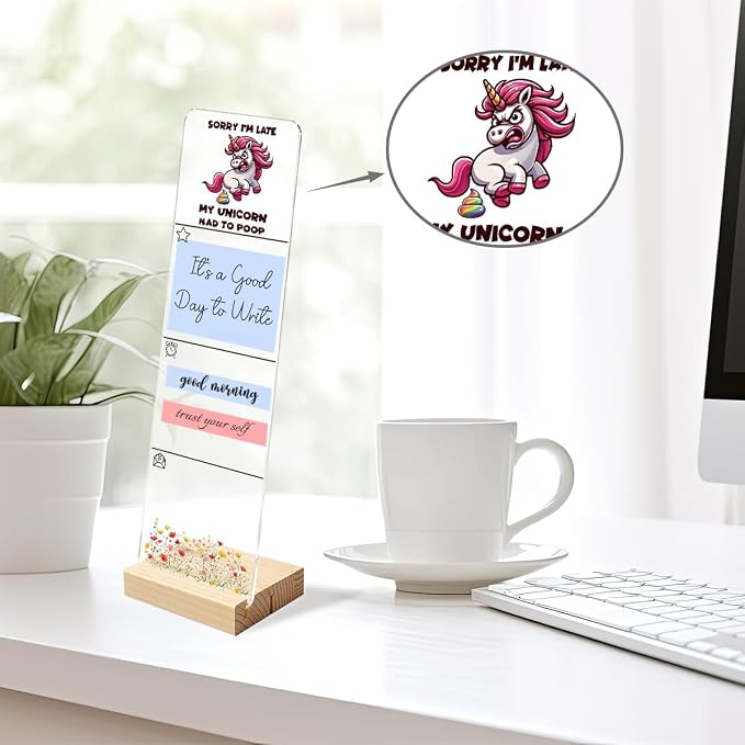 Sticky Note Holder, Monitor Memo Board, Acrylic Post It Note Holder with Wooden Base, Includes 200 Notes, Desk Organizer, Funny Unicorn Quote “Sorry I’m Late My Unicorn Had to Poop”