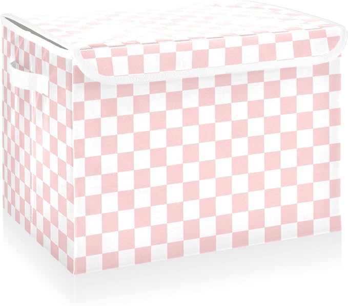 CaTaKu Large Fabric Storage Bins With Lids,Pink Checkered Racing Storage Boxes With Handles for Organizing Clothes, Collapsible Storage Cube Bins Baskets for Shelves