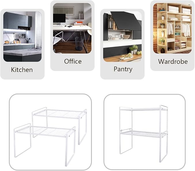 2 Pack Stackable Cabinet Shelf Organizer - Heavy-Duty Coated Metal Storage Rack, Non-Slip Space-Saving for Kitchen Pantry, Under Sink, Cupboard, Countertop (White)