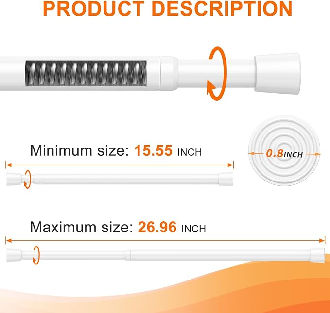 2Pack Spring Tension Curtain Rod 16 to 27 Inch Adjustable Spring Loaded Curtain Rods No Drilling Small Tension Rods for Window Cupboard Wardrobe Bookshelf Kitchen DIY Projects, White