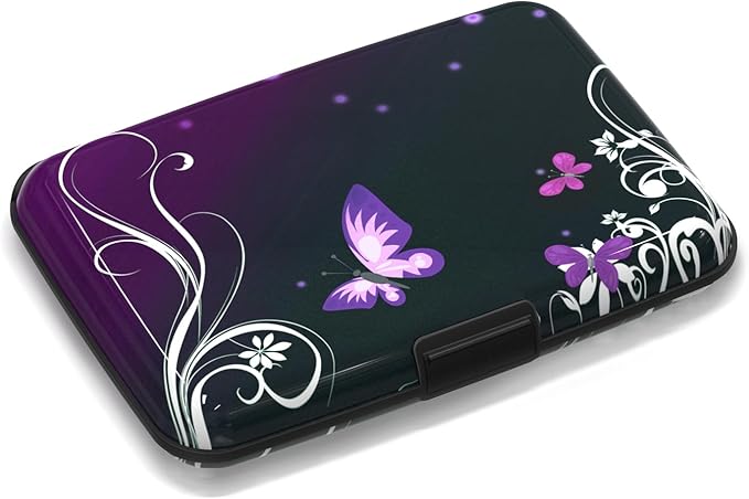 Credit Card Holder Mini, Purple Butterfly RFID Blocking Aluminum Wallet Slim Metal Hard Case Travel Wallet ID Case for Women Men
