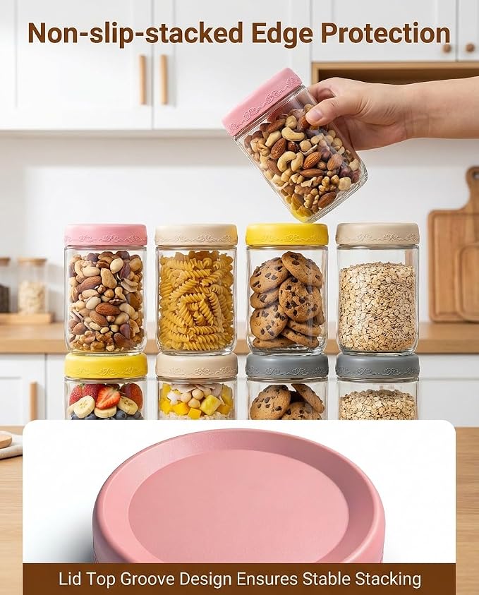 16oz 4Pack Glass Overnight Oats Jars Containers with Airtight Leakproof Lids, Reusable Mason Jars for Meal Prep, Yogurt Parfaits, Smoothies, Salads & Healthy Breakfasts (16 OZ-4-2)
