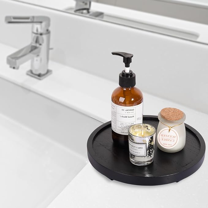 Round Decorative Tray Farmhouse Kitchen Decor Soap Dish, 9" Black | Waterproof, Lightweight, Easy Clean, Wood Riser Pedestal Stand Accessories for Office Desk, Vanity, Counter, Sink