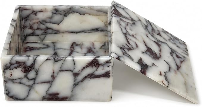 Natural Marble Square Jewelry Box with Lid, 5.91 in | A square natural marble box with lift-off lid for jewelry, cotton pads, and a cleaner dresser display.