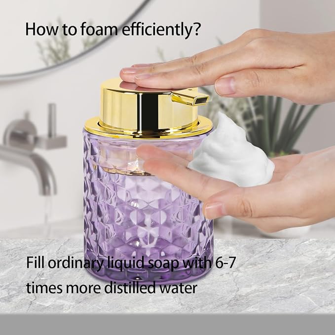 10 Oz Glass Hand Soap Dispenser with Pump, Refillable Bathroom Gold Foaming Soap Dispenser, Vintage Glass Diamond Lotion Container Bottle for Bathroom and Kitchen (1, Purple and Gold)