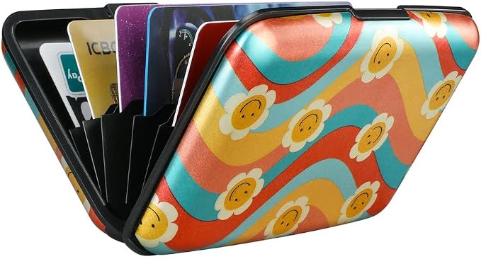 ELFISH Mini RFID Aluminum Wallet Credit Cards Holder Business Card Case Metal ID Case for Men Women（Smile Flower