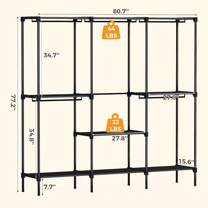 OLIXIS Heavy Duty Clothes Rack, Portable Wardrobe Closet, 81" L, Black | Freestanding Closet Organizer with Hanging Rods, Clothes Rack with Shelves, for Cloakroom, Bedroom