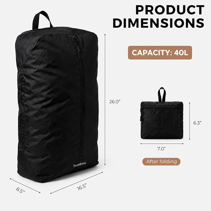 Travel Laundry Bag, Foldable Dirty Clothes Bag with Two Ways to Open, 40L Reusable Waterproof Laundry Bag, Large Capacity Travel Bag for Wet or Dirty Clothes for Travel, Camping & Storage (Black)