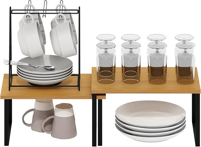 Furinno RAVEL Kitchen Countertop Organizer Set of 2, Counter Shelves, Kitchen Storage, Expandable, Stackable, Spice Rack, for Kitchen, Pantry, Coffee Bar, Beech