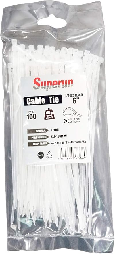 Superun Clear Zip Ties 6 Inch 40 Lbs White Cable Ties 100 Pack | Self-locking,Width 0.14",Max Bundle Diameter 1.37",Industrial Grade,fireproof,Heavy duty,For indoor and outdoor