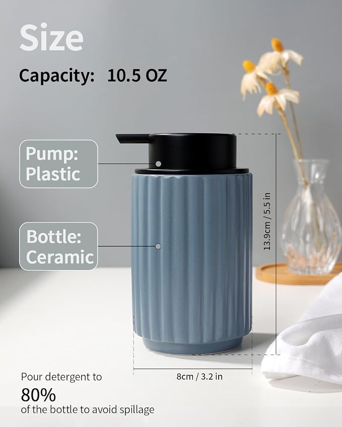 Soap Dispenser, Liquid Ceramic Refillable Hand Soap Pump for Bathroom Kitchen, 10.5OZ Lotion Dispenser Dish Soap Dispenser, Gray Blue, Modern Stripe Design, ANTIS'S HOME