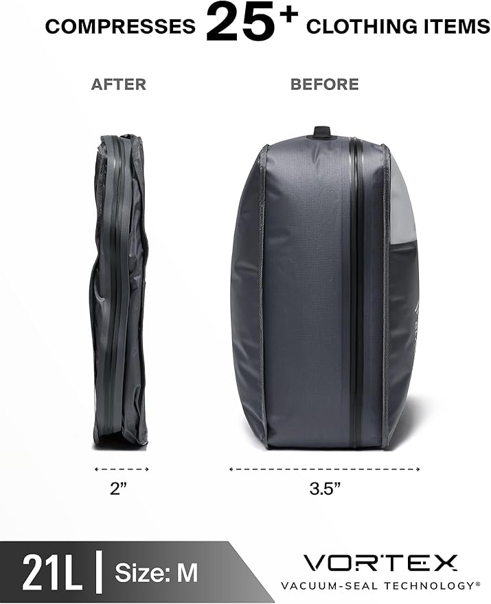 Black Voyage Reusable Vacuum Compression Travel Bag for Carry-On Suitcase and Backpack, Recycled IP67 Waterproof Space Saver Vacpack (1-Pack, 21L - Pump Included)
