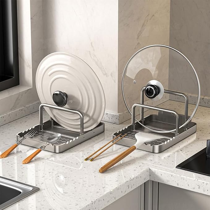 MiOYOOW Pot Lid Holder, Chopping Board Rack with Spoon Rest Non-Slip Pan Organiser for Baking Tray Cookware Kitchen Barbecue