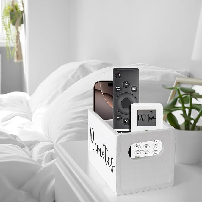 Remote Control Holder, Wooden TV Remote Holder for Table, Remote Caddy Organizer with 2 Compartments, Media Storage Box for Nightstand, Couch (White)