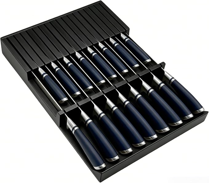 In-Drawer Black Knife Block, 17-Slot Anti-Slip Space-Saving Storage | Fits Most Standard Drawers | Holds Up to 17 Knives | Sleek Black Painted Frame | Secure Stable Knife Drawer Insert Organizer