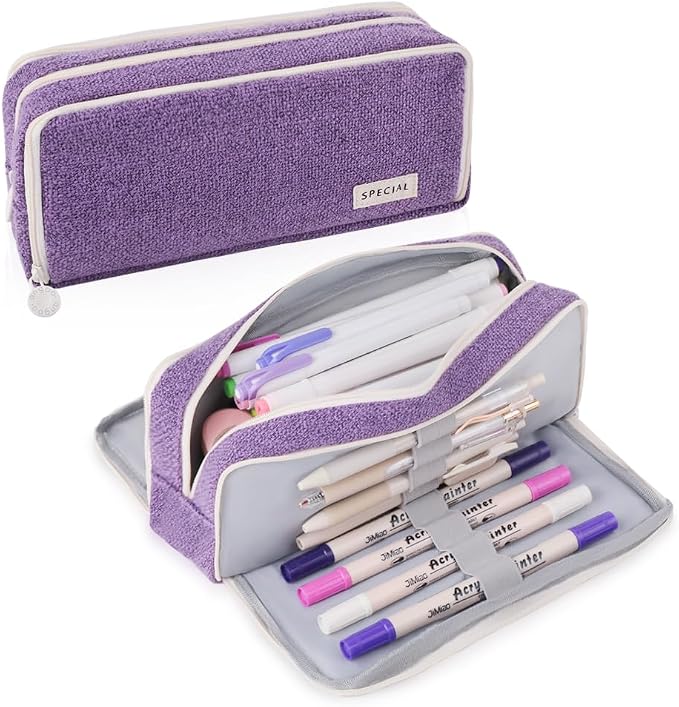 iSuperb Large Pencil Pouch 3 Compartments Pencil Case Big Capacity Pencil Bag for Kids Teen Girls Boys Student School Supplies Pen Organizer Holder Bag (Purple)