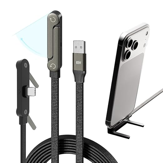 NKV USB A to USB C Cable， 65W Fast Charging Cable 5 FT， Invisible Stand Charging Cable，Flat USB c Cable,USB c Cable Right Angle，for iPhone 17 Series, Samsung Galaxy S25 S24 Ultra etc (Black)