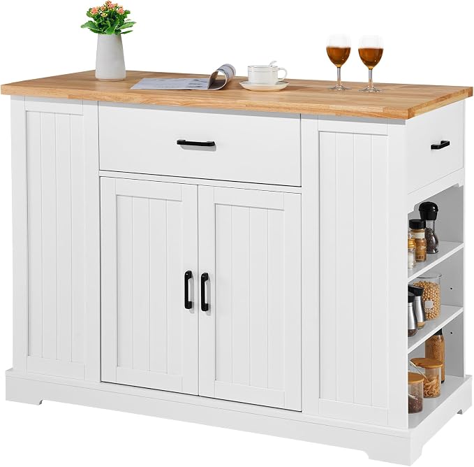 VEVOR 46" Wood Top Breakfast Bar with Storage Cabinet, Farmhouse Kitchen Table with Adjustable Shelf, Drawer, for Dining Kitchen Living Room, White