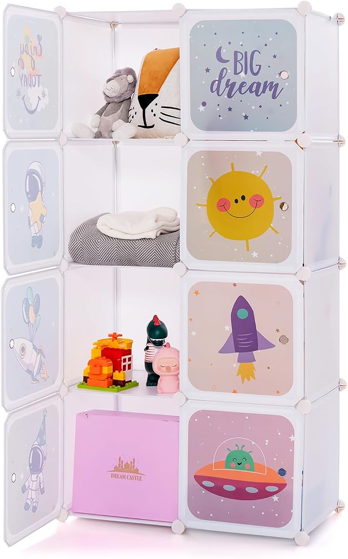 INFANS Children Wardrobe, Kid Closet Portable Baby Dresser Cute for Kids Bedroom Nursery Armoire with Doors 12 Cube 2 Hanging Sections, Kid Clothes Storage Organizer (White, 8 Cubes)