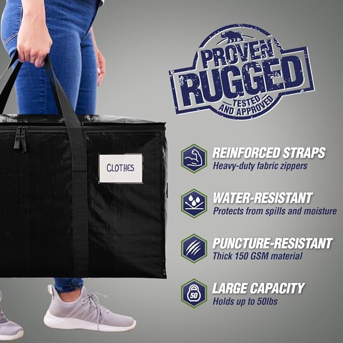 RUGGED RHINO 6 Pack Heavy Duty Extra Large Moving Bags, Durable Bag with Strong Handles and Zipper, Moving Boxes Alternative for College Packing, Holiday Décor, Space Saving Storage with Label, Black