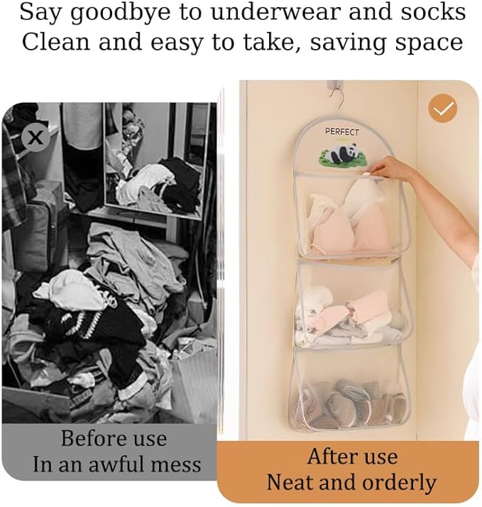 MIUPOO Multi Purpose Multi Layer Mesh Storage Hanging Bag,Hanging Storage with Metal Hanger Mesh Pockets for Bra Underwear Socks,Pockets Hang Store Bag for Door Wall Closet,2 Pieces.