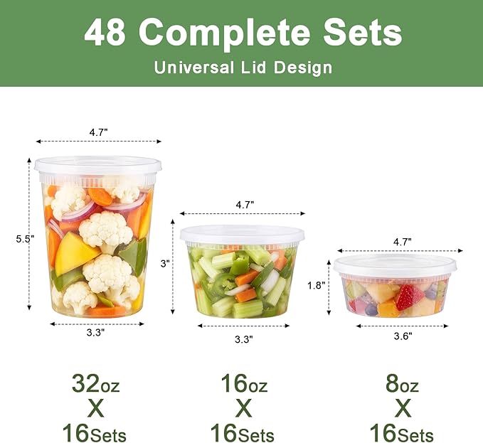 Lamosi Deli Containers with Lids 48 Sets, 32/16/8 oz X 16 Set Each | BPA Free Plastic Food Containers with Lids for Soup and Takeout Meal Prep Storage, Freezer, Microwave and Dishwasher Safe