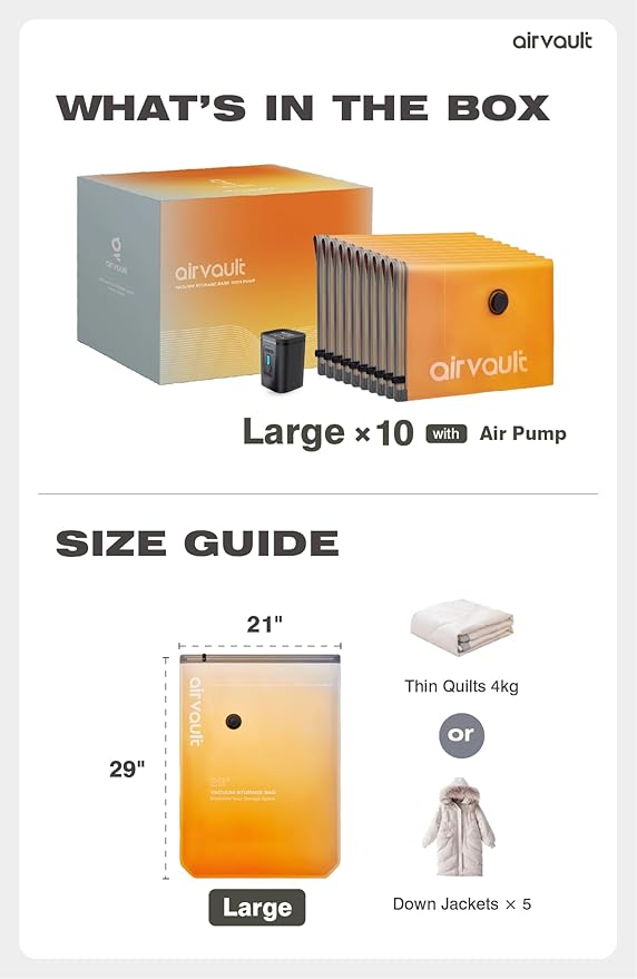 AirVault Vacuum Storage Bags for Travel & Home - Space Saver Compression Packing Bags Set for Clothes, Blankets & Seasonal Storage (10 Large)