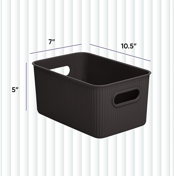 Superio Ribbed Collection - Decorative Plastic Basket Open Home Storage Bins Organizer, Medium Brown (2 Pack) Container Boxes for Organizing Closet Storage Bins for Shelves Drawer Shelf 5 Liter