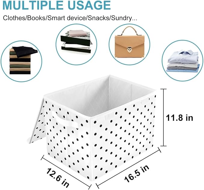 CaTaKu Large Fabric Storage Bins With Lids, White Polka Dot Storage Boxes With Handles for Organizing Clothes, Collapsible Storage Cube Bins Baskets for Shelves