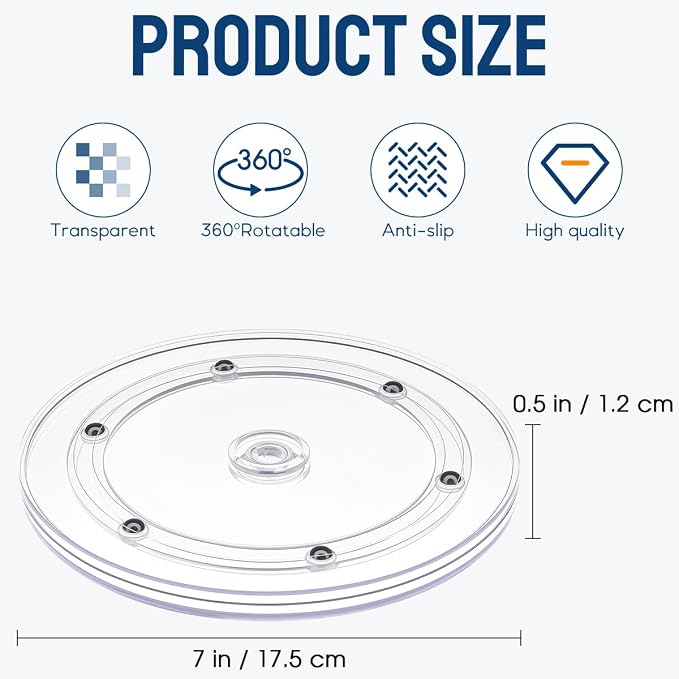 7" Acrylic Clear Small Lazy Susan Turntable | Steel Ball Bearing for 360-Degree Rotation,Durable Plastic Turntable for Tables Top,Cabinets,Spice Racks