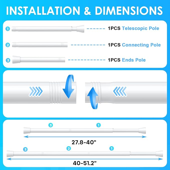 2PCS White Tension Rod for Windows 28 to 48 inch, Stainless Steel Pressure Spring Loaded Curtain Rods, 7/8" Diameter Adjustable Curtain Rods No Drill, Use for Bathroom Doorway