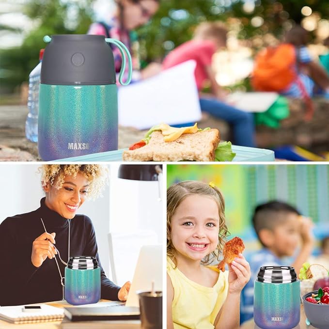MAXSO 2 Pack Soup Thermo for Hot & Cold Food for Kids Adults, Vacuum Insulated Food Jar Thermal Lunch Containers, Travel Food Flask with Spoon (24 oz,17 oz) (Glitter Rainbow)