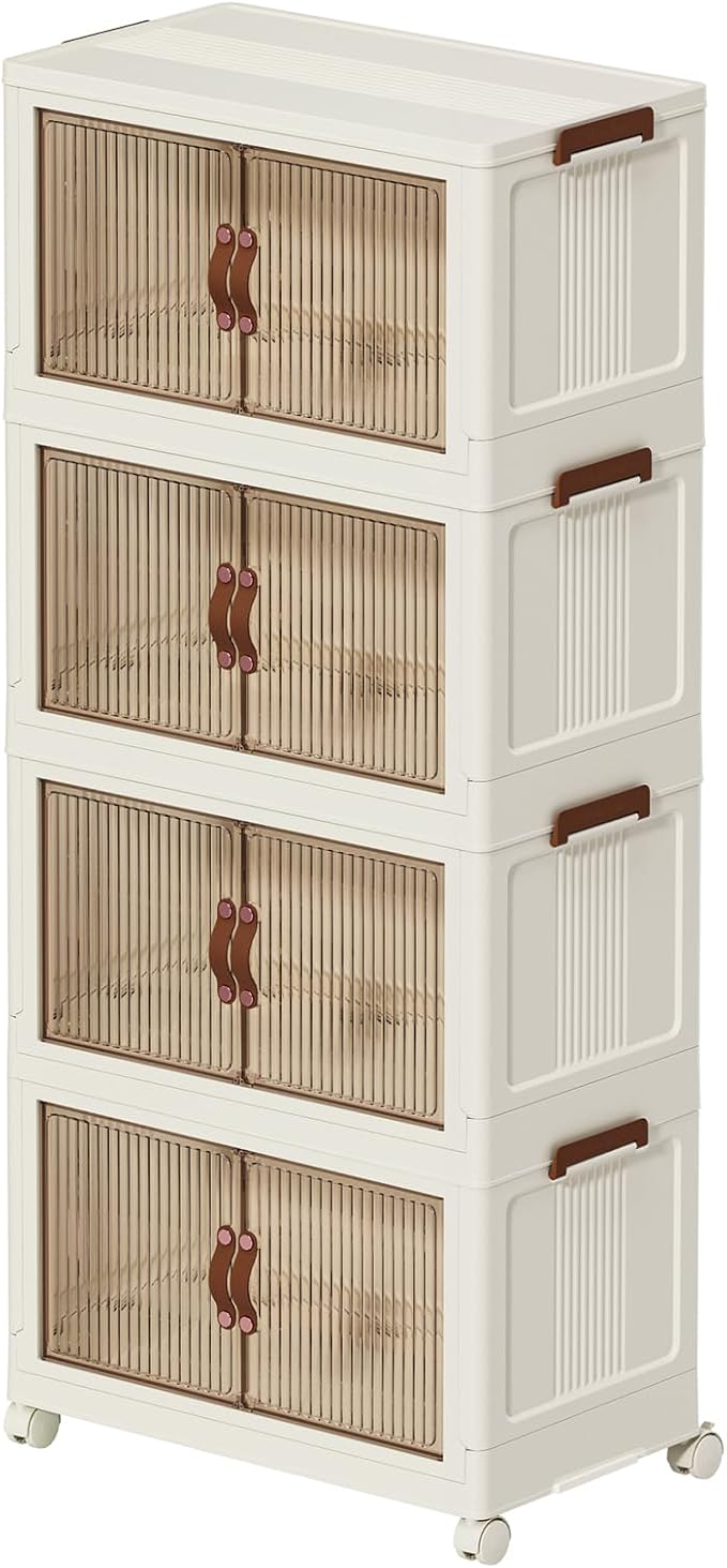 Collapsible Stackable Storage Bins with Lids, 81QT/20Gal Large Foldable Storage Plastic Cabinet with wheels, 2/3/4/5-Pack Space Saving Bins for Home Garage Pantry Organization M White 4T
