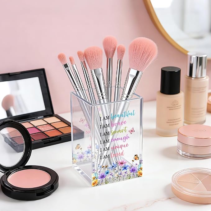 I Am Beautiful Affirmation Acrylic Pencil Pen Holder Cup, Wildflowers Makeup Brush Storage Organizer, Women Affirmation Desk Accessories Holder, Graduation Gifts for Daughter Niece