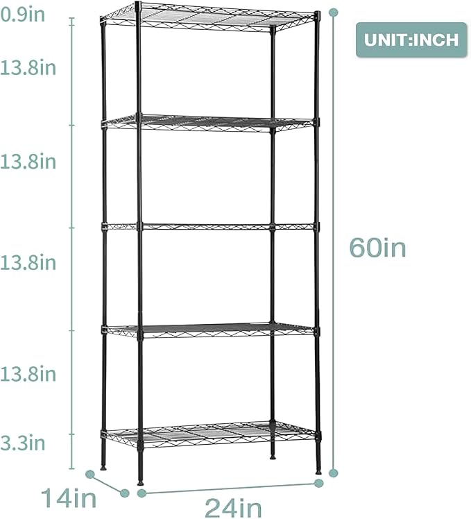 PayLessHere | 5-Tier Wire Shelf | 24"x14"x60" | Black | Adjustable Racks | Heavy-Duty Storage Shelves, Holds Upto 750 lbs | Rust-Resistant, No-Tool Assembly | for Home, Garage Shelving