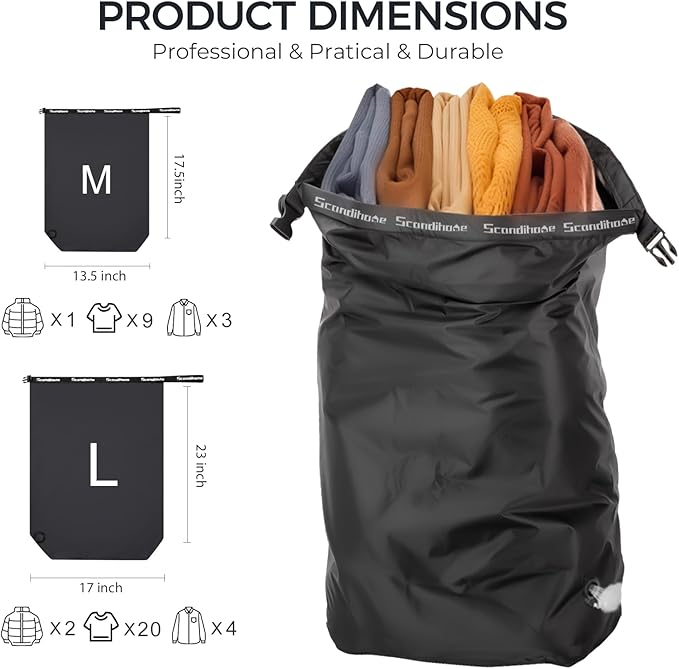 Travel Compression Laundry Bag, Pump-Free Vacuum Space Saver Bag for Dirty Clothes, Reusable Waterproof Wet Dry Bag, Travel Laundry Bag for Luggage, Packing, Suitcase (1 Pcs)（Black, L)