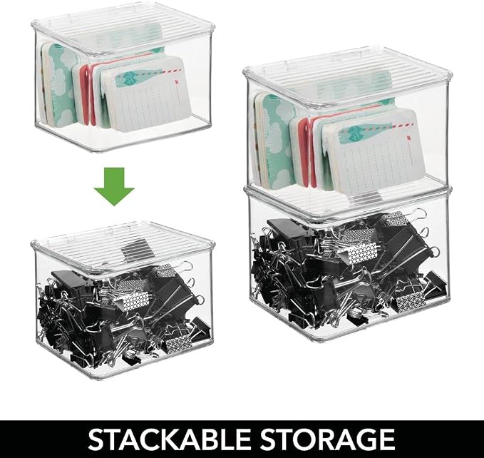 mDesign Small Plastic Home Office Storage Organizer Box Containers with Hinged Lid for Desktops - Holds Pens, Pencils, Sticky Notes, Highlighters, Staples, and Supplies - Clear