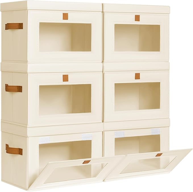 DIMJ Storage Bins with Lids - 6 Pack Front Opening Stackable Fabric Storage Boxes with Clear Window & Handles, Collapsible Closet Organizers for Clothes, Sweaters, Shelf Storage, Bedroom, Beige