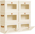 DIMJ Storage Bins with Lids - 6 Pack Front Opening Stackable Fabric Storage Boxes with Clear Window & Handles, Collapsible Closet Organizers for Clothes, Sweaters, Shelf Storage, Bedroom, Beige