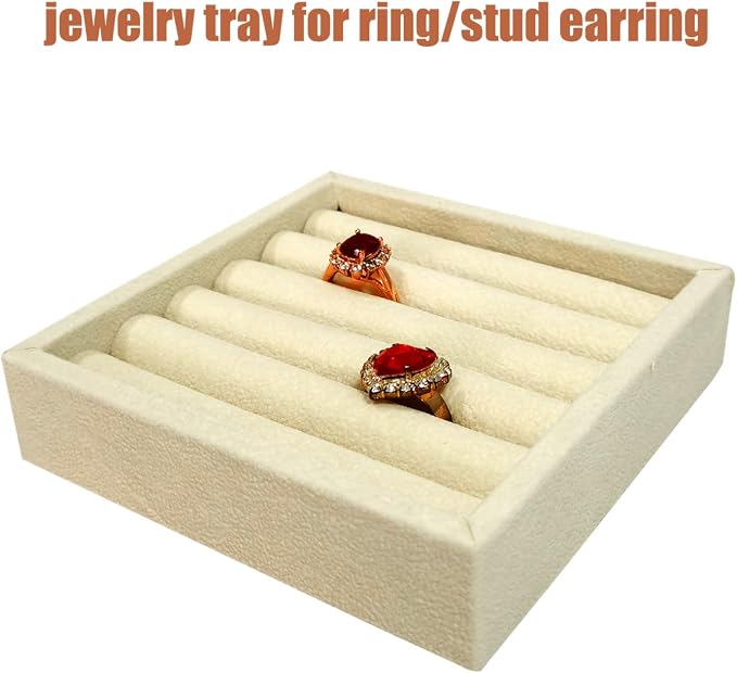 SCIKHETF Velvet Ring Earrings Studs organizer Tray Small Ring Insert Display Tray 5 Slots Stackable (Beige)