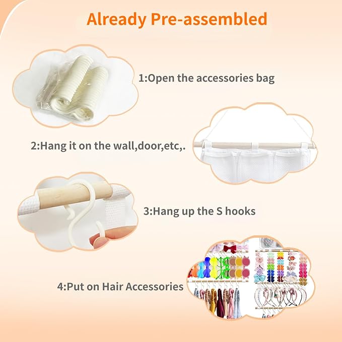 Headband Holder Hair Bows Organizer for Girls, Large Capacity Bow Holder, Pre-Assembled Hair Accessories Wall Hanging Organizer for Toddler Baby Girl Nursery Room Décor