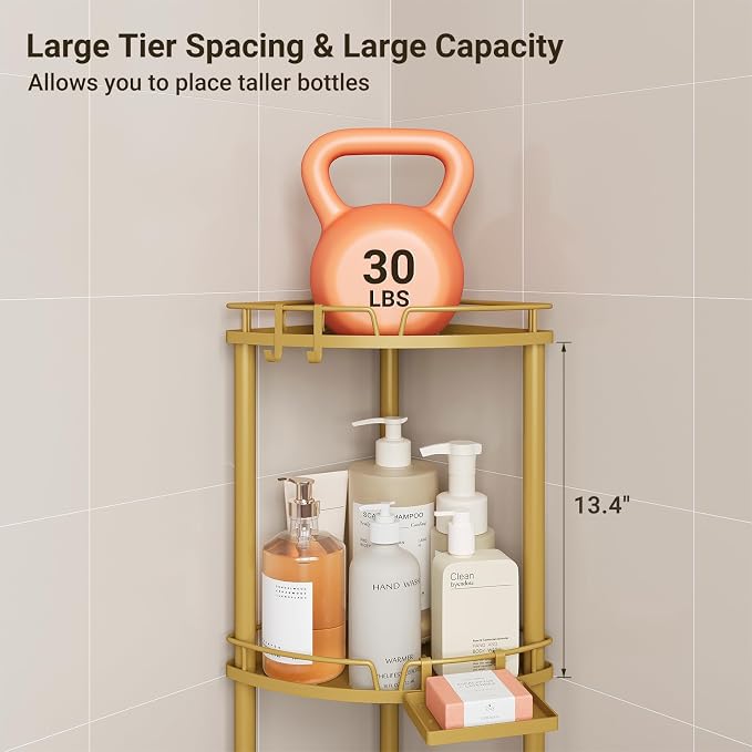 ELYKEN Corner Shower Caddy Standing, 4 Tier Rustproof Metal Shower Organizer with Soap Holder, Floor Shower Corner Shelf Rack Storage Stands with Adjustable Feet & 2 Hooks for Bathroom, Gold
